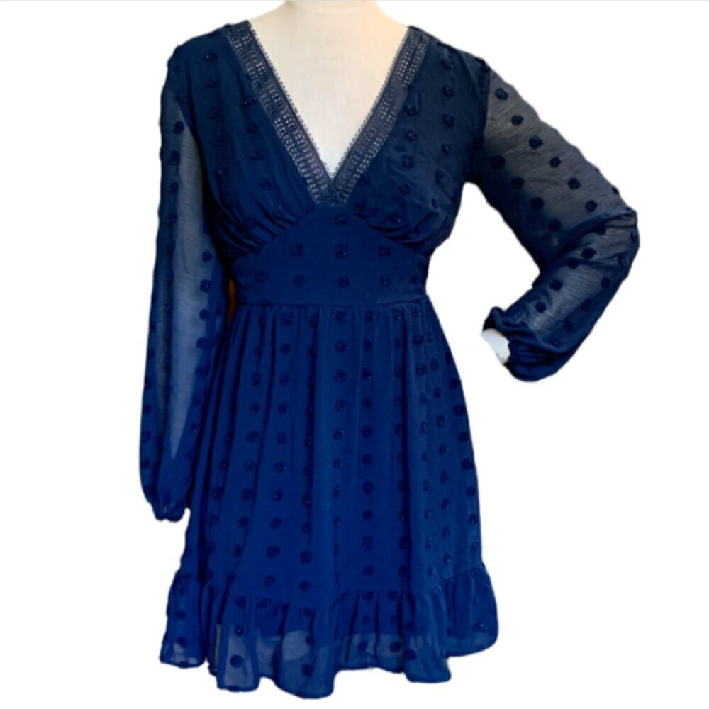 City Vibe Chiffon‎ Swiss Dot Ruffle Hem Long Sleeve V-Neck Dress Sz 5 Blue #46B